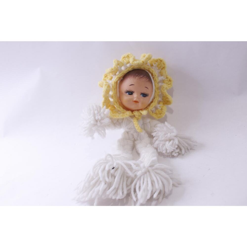 60s 70s Cute Vintage Crochet Baby Doll, Vinyl Face, White-Yellow, 12 inches,
